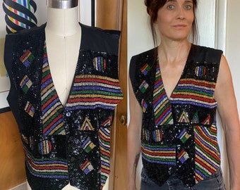 Vtg Sequin Vest beaded Sz L 8 10 12 black by Effeci sleeveless black gold geometric stripe colorful multicolor suit top