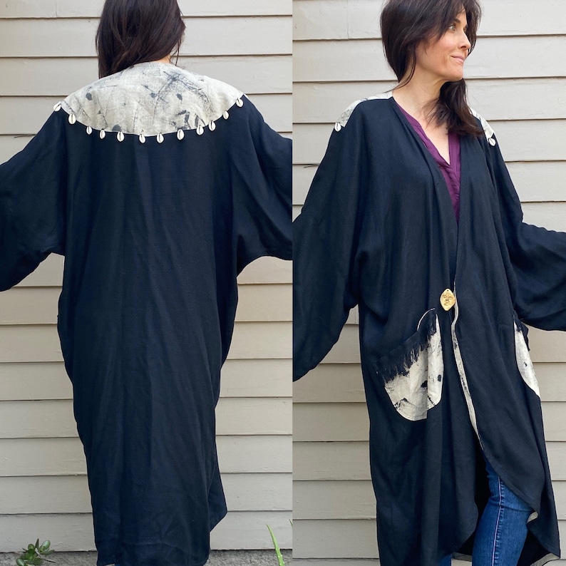 Kimono Coat OSFA Seashell L XL Art-to-Wear Fringe Embellished black Duster Vintage
