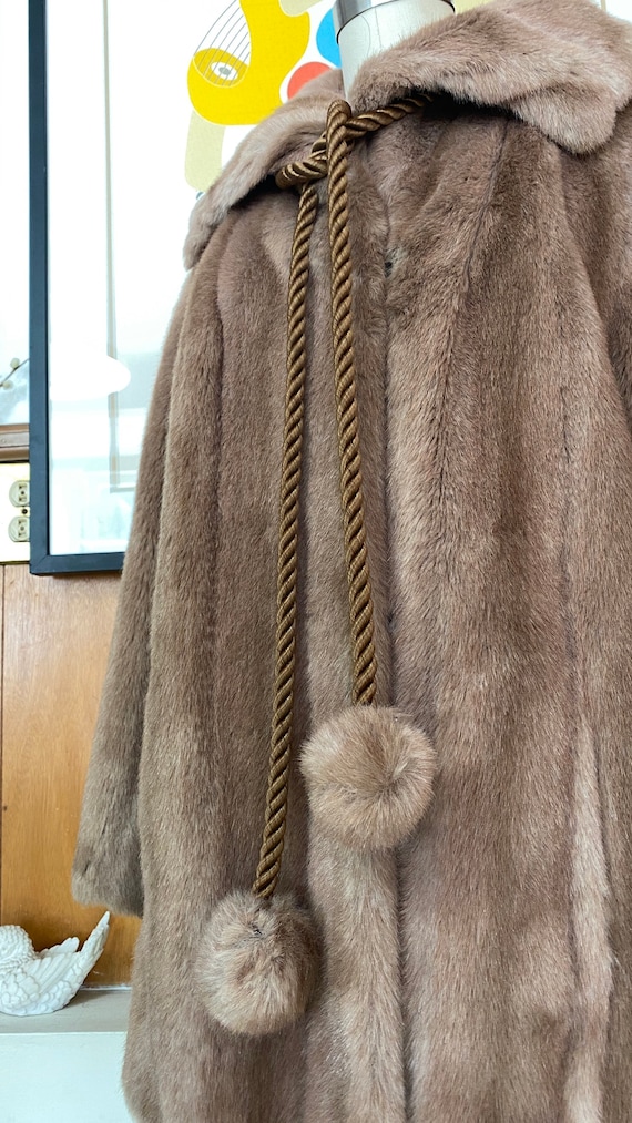 VTG faux Fur Swing Jacket M L XL pom pom tie rope… - image 5