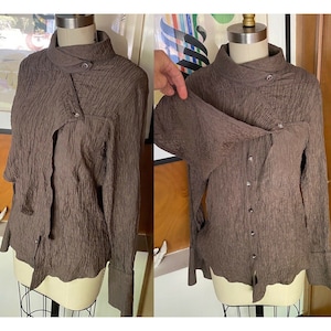 VTG ESCADA by SRB Silk Blouse brown Sz 36 crinkle french cuff Top rhinestone