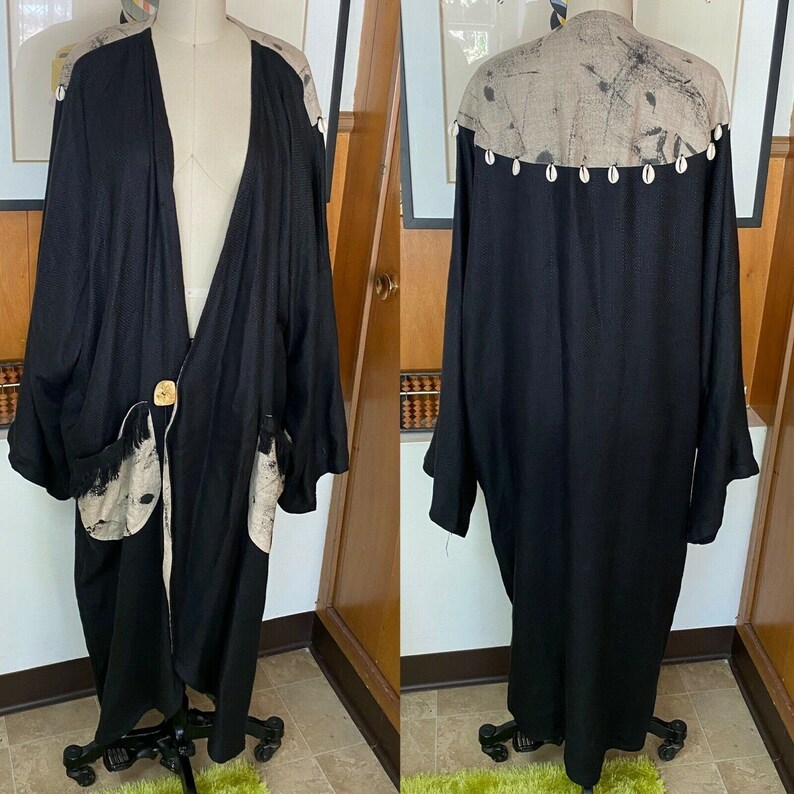 Kimono Coat OSFA Seashell L XL Art-to-Wear Fringe Embellished black Duster Vintage