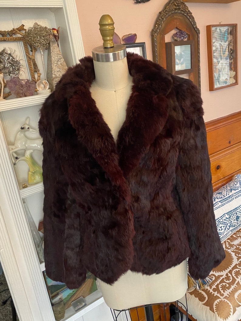VTG maroon red Real Fur Jacket Sz S M 50/'s 60/'s Hollywood Glamour Pinup burgundy