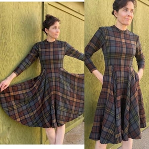 Vtg ANN FOGARTY Robe en laine à carreaux Taille US 4 2 jupe évasée à carreaux tartan manches 3/4 vintage
