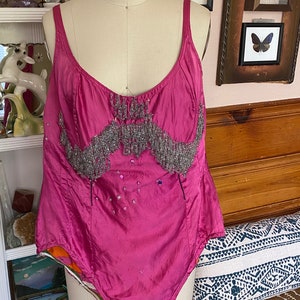 Vintage Showgirl Satin Leotard Bodysuit Costume Beaded Hot Pink Dance ...