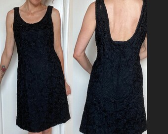 Vestido vintage de los años 50 con lazos, 34" de ancho, talla M 6 8 10, vestido corto vintage de los años 60 con encaje de malla, vestido de cóctel sin mangas, negro, con soutache y pasamanería
