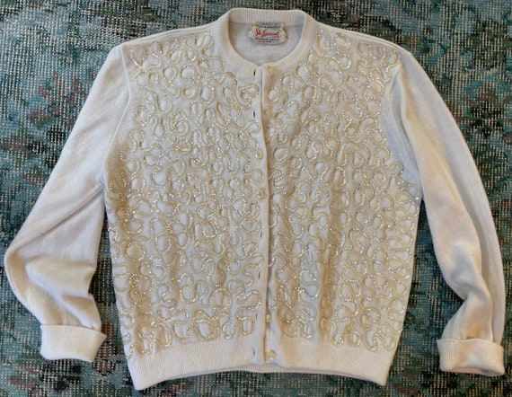 VTG sequin Cardigan White iridescent clear Sz S M… - image 3