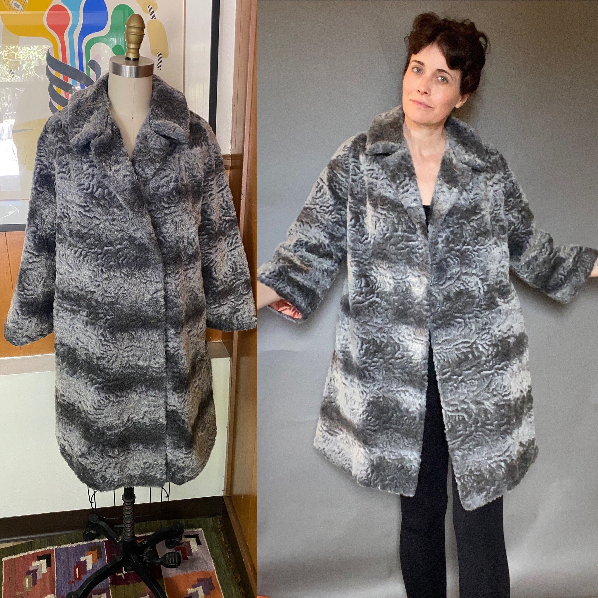 VTG 50's Faux Fur Swing Coat A Line Jacket Sz M S Gray