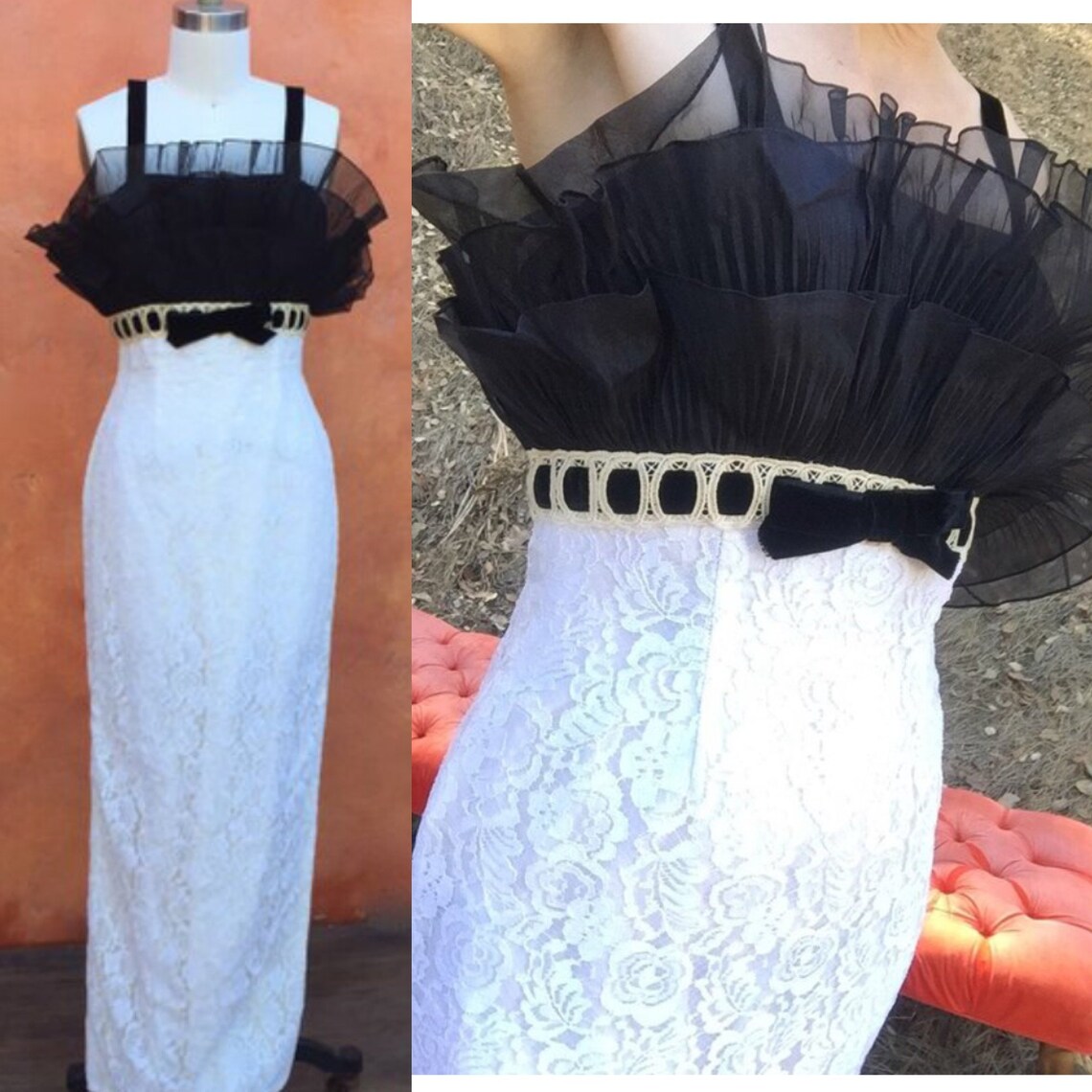 Vintage Shelf Bra Dress White Lace Wedding Black Velvet Bow XS Etsy