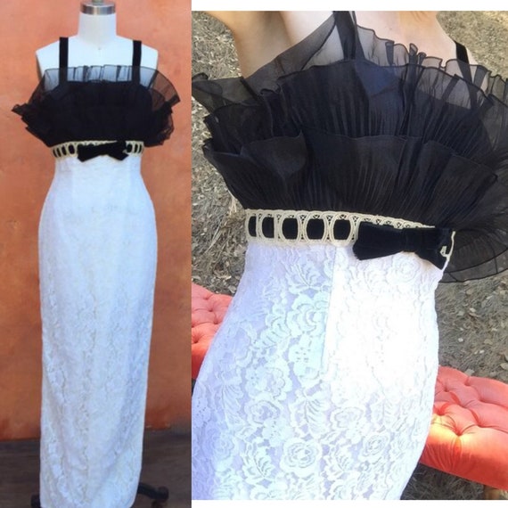Vintage Shelf Bra Dress White Lace Wedding Black Velvet Bow XS S 0