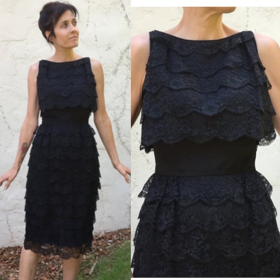 VTG Lace I MAGNIN Sz 4 2 tiered ruffle LBD party … - image 9