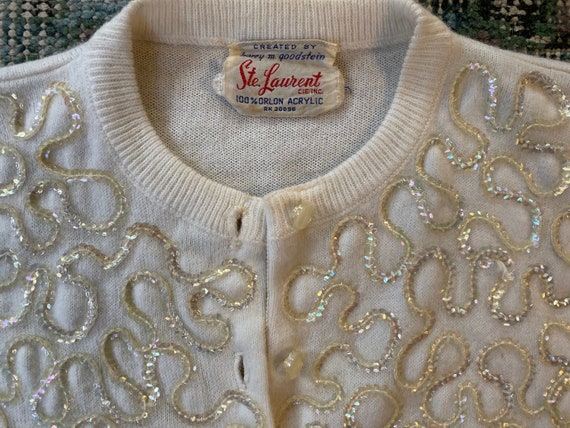 VTG sequin Cardigan White iridescent clear Sz S M… - image 10