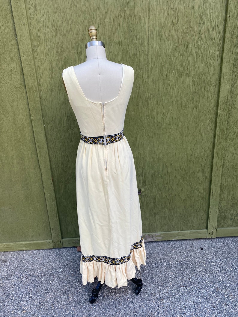VTG I MAGNIN 70/'s Maxi Dress 25w XS 0 2 cream Boho Floral Bow Tie Oktoberfest yellow