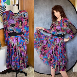 Diane Freis Sequins beaded Silk Dress Sz S M VTG clocks multi-color long sheer sleeve tiered VTG
