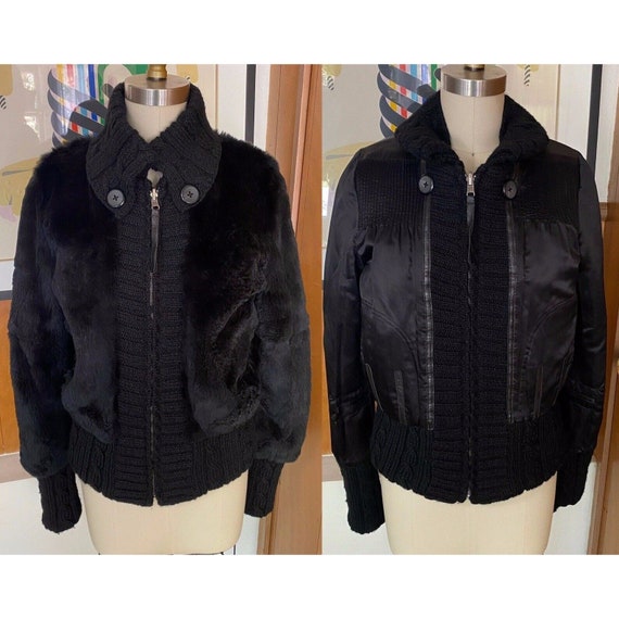 JUNE Rabbit Fur Reversible Jacket M Satin Leather Bomber Knit Anthropologie Knit Etsy