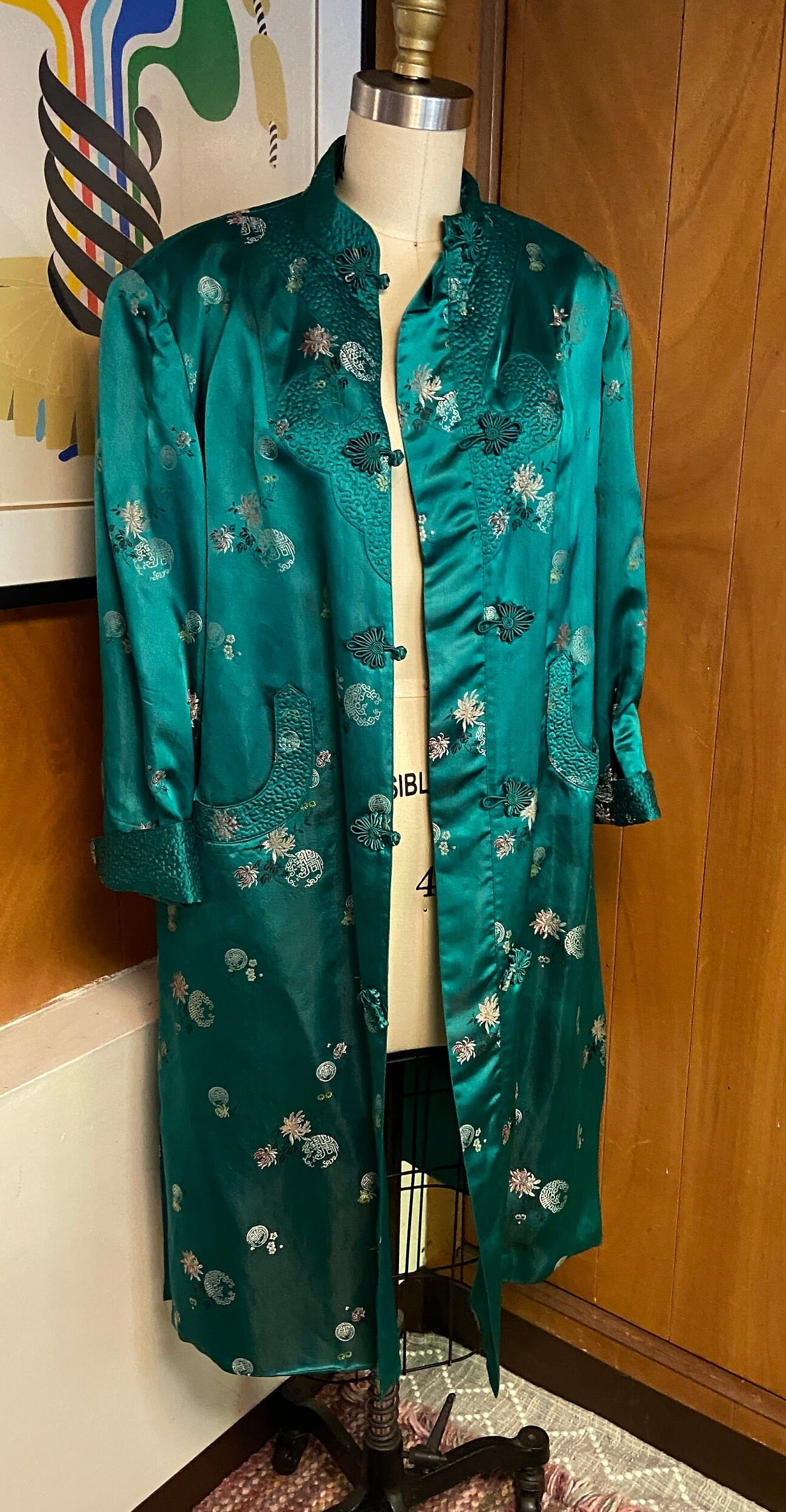 Vintage PEONY Brand Chinese Coat Sz 36 S Floral Silk Green Vintage PEONY Brand Chinese Coat Sz 36 S Floral Silk Green