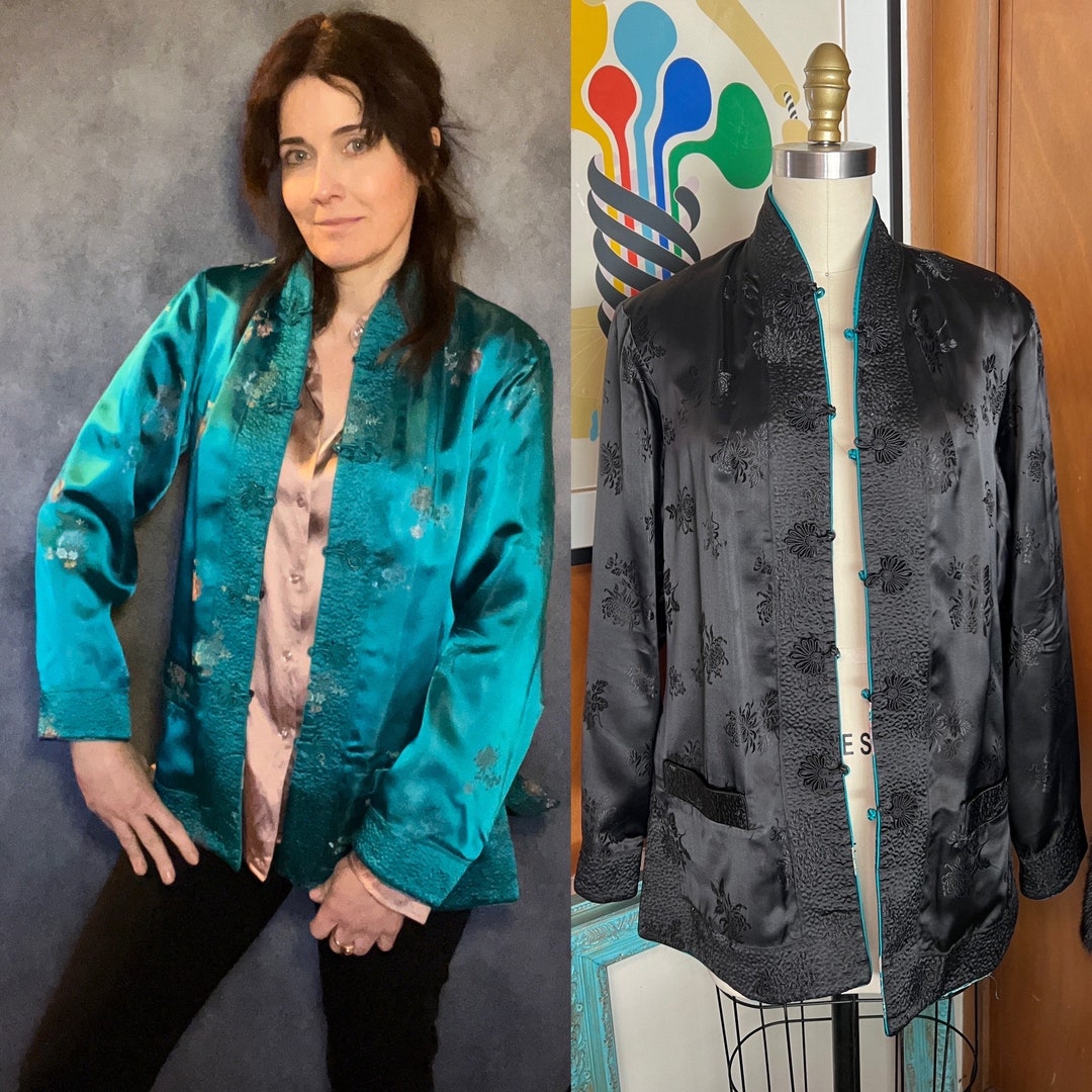 Vtg Solz SQUIRREL Brand Asian Green Black Satin Jacket