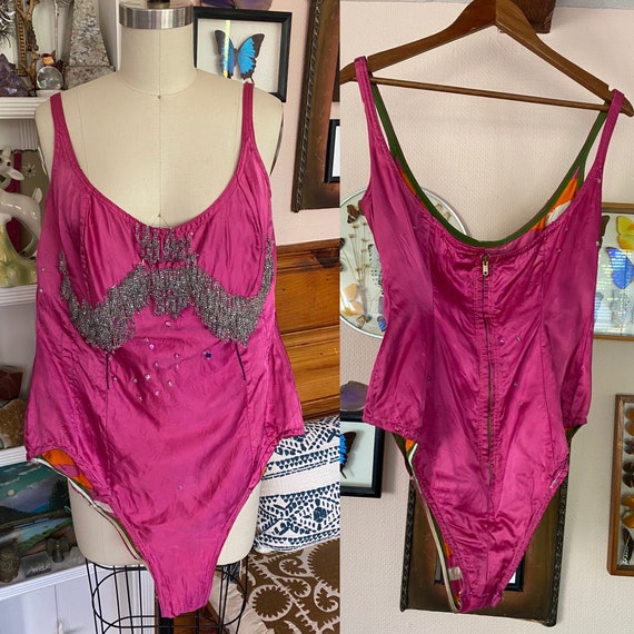 Vintage Showgirl Satin Leotard Bodysuit Costume b… - image 2