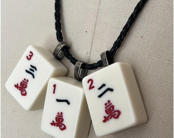 Vintage Asian Mah Jong Tile Necklace leather rope charm