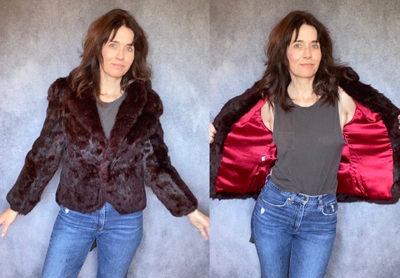 VTG maroon red Real Fur Jacket Sz S M 50's 60's H… - image 1