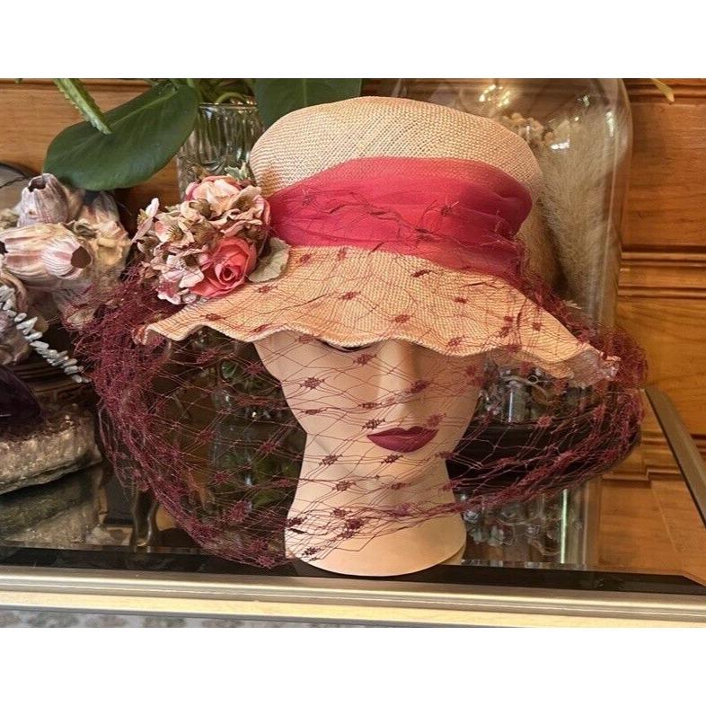 GREVI Firenze Italy Sun Straw HAT W/ LACE Floral Bow Veil - Etsy display picture 3