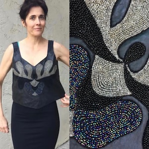 Vtg Leather beaded Top Size M L 6 8 10 black by Semi Queen Vest sleeveless black pullover