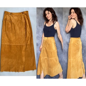 GILLES RICART Leather Suede Fringe Skirt Sz M 6 28.5&quot;w cowgirl wrap brown butterscotch