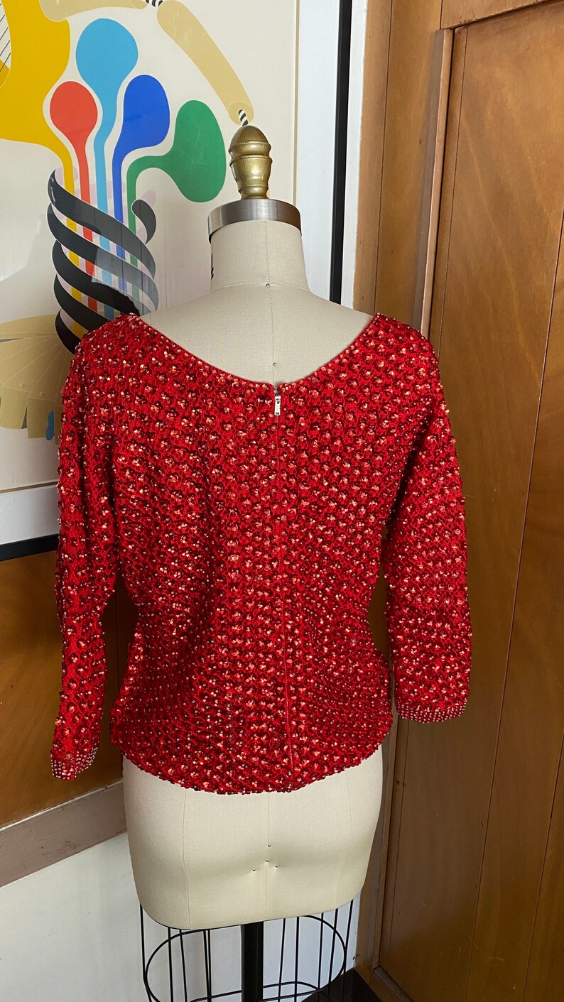Hong Kong Vintage Red Sequin Sz L M 12 10 Forecast Wool Top 70/'s 80/'s Evening Sweater beaded flower Disco Cocktail Holiday Shirt by May Co