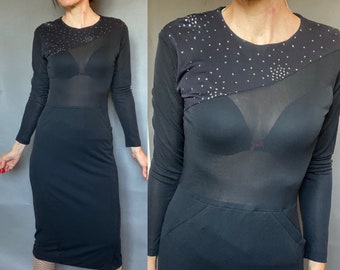 VTG Vicky Valere Paris Couture Stretch Dress 4 Small Semi-sheer lbd Dance club cocktail evening party black French bodycon France