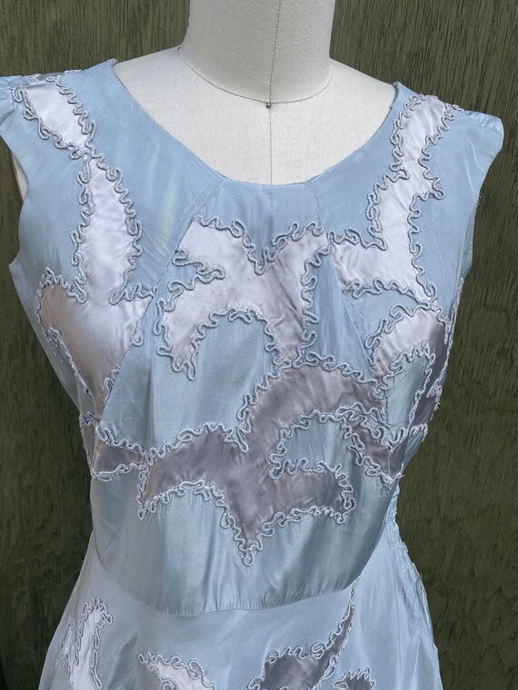 Vtg 50s SATIN Fit n Flare Pinup Swing Dress blue … - image 9