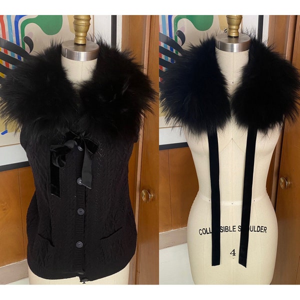 James Coviello for ANNA SUI Racoon FUR Collar Vest wool Cardigan sweater Sz M pointelle