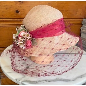 GREVI Firenze Italy Sun Straw HAT W/ LACE Floral Bow Veil - Etsy
