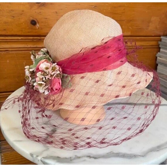 GREVI Firenze Italy Sun Straw HAT W/ LACE Floral Bow Veil - Etsy display picture 3