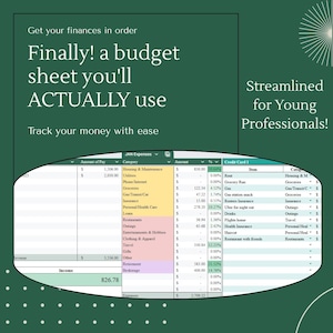 May include: A budget sheet with the text "Finally! a budget sheet you'll ACTUALLY use." The sheet is green and white, with expense categories and a section for income. The text "Streamlined for Young Professionals!" is also visible.