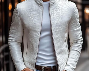 Handmade Embossed Crocodile Leather Biker Jacket – Black & White