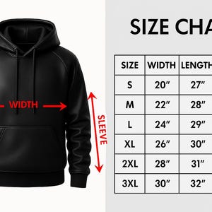 Peut inclure: Un sweat &agrave; capuche noir avec une poche kangourou. Des fl&egrave;ches indiquent les mesures de longueur, de largeur et de manche. Un tableau des tailles affiche les mesures en cm pour les tailles S &agrave; 3XL, avec largeur, longueur et manches.