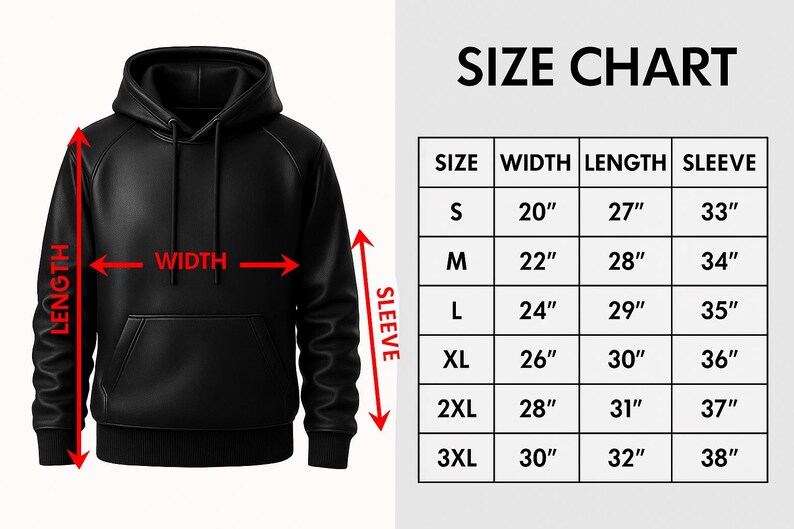 Peut inclure: Un sweat &agrave; capuche noir avec une poche kangourou. Des fl&egrave;ches indiquent les mesures de longueur, de largeur et de manche. Un tableau des tailles affiche les mesures en cm pour les tailles S &agrave; 3XL, avec largeur, longueur et manches.