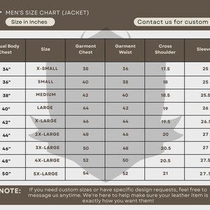 May include: A size chart for men's jackets, displaying measurements in inches. The chart includes sizes from X-Small to 5X-Large, with corresponding body chest, garment chest, waist, shoulder, and sleeve measurements. Text at the top reads "MEN'S SIZE CHART (JACKET)".