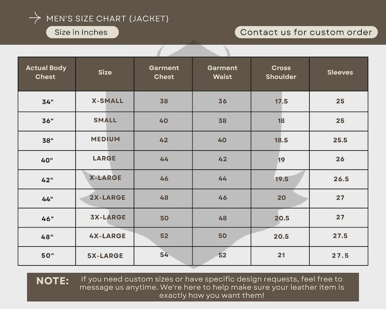 May include: A size chart for men's jackets, displaying measurements in inches. The chart includes sizes from X-Small to 5X-Large, with corresponding body chest, garment chest, waist, shoulder, and sleeve measurements. Text at the top reads "MEN'S SIZE CHART (JACKET)".