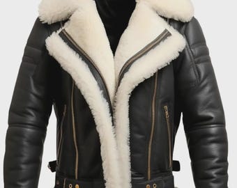 Handgefertigte schwarze Lammfell-Fliegerjacke für Herren - Schaffell-Bomber