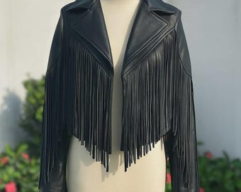 Veste courte en cuir noire à franges - Manteau motard western