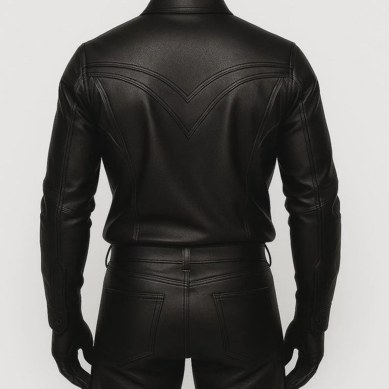 May include: Black leather jacket and matching pants. The jacket has a pointed yoke design on the back and long sleeves. The pants have a classic five-pocket design. The outfit is worn with black gloves.