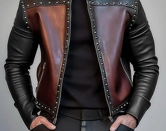 Blouson motard en cuir à clous homme - Marron et noir - Manteau moto slim fit