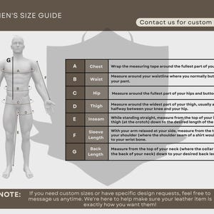 May include: A size guide for men's clothing, featuring a diagram of a male figure with measurement points labeled A through G. Instructions for measuring chest, waist, hip, thigh, inseam, sleeve length, and back length are provided.