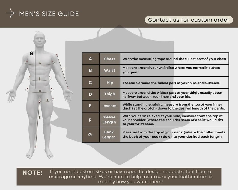 May include: A size guide for men's clothing, featuring a diagram of a male figure with measurement points labeled A through G. Instructions for measuring chest, waist, hip, thigh, inseam, sleeve length, and back length are provided.