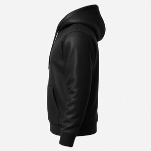 Peut inclure: Un sweat &agrave; capuche noir uni avec une capuche &agrave; cordon et une poche kangourou. Le sweat-shirt a des poignets et un ourlet c&ocirc;tel&eacute;s. La vue lat&eacute;rale montre la texture du tissu.