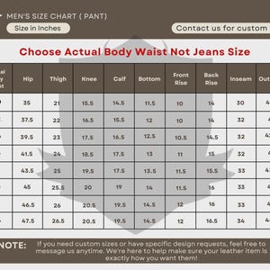 May include: A size chart for men's pants, displaying measurements in inches. The chart includes waist, hip, thigh, knee, calf, bottom, front rise, back rise, inseam, and outseam measurements. The text encourages customers to choose their actual body waist size.