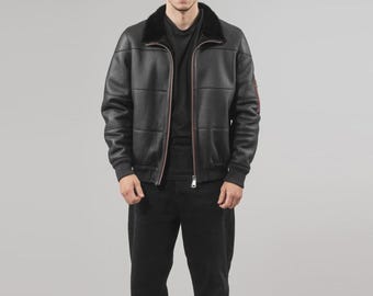 Men's Black Sheepskin Leather Bomber Jacket with Fur Collar