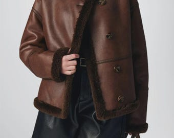 Chaqueta de cuero genuino con forro de borrego estilo motero – Abrigo de aviador de invierno para mujer