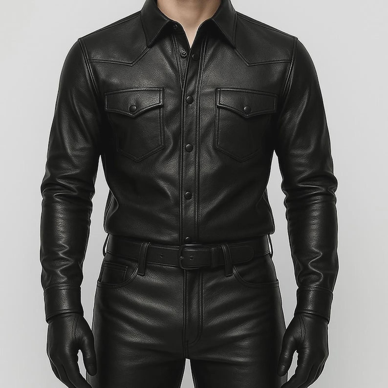 May include: Black leather shirt with two chest pockets, a button-down front, and a classic collar. The shirt is paired with matching black leather pants and gloves, creating a sleek, monochromatic ensemble. The outfit is suitable for various occasions.