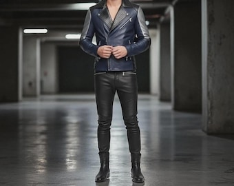 Men’s Blue Moto Jacket & Black Leather Pants Set – Handmade Biker Outfit